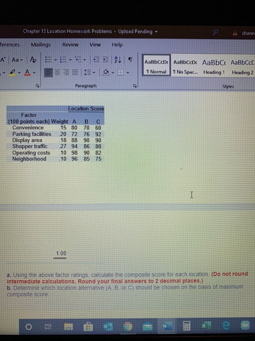  Chapter 15 Location Homework Problems - Upload Pending A shann Review
