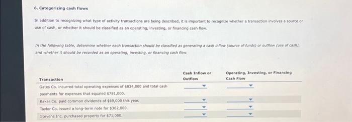  6. Categorizing cash flows In addition to recognizing what type of