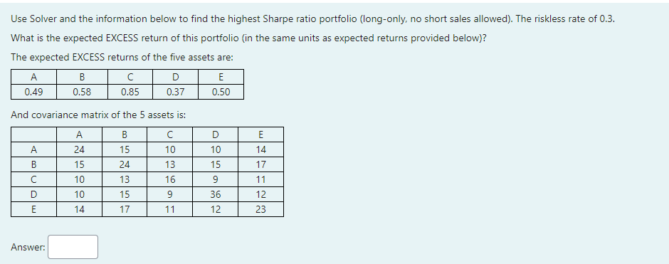 Use Solver and the information below to find the highest Sharpe