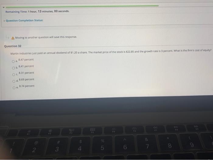  Remaining Time: 1 hour, 13 minutes, 00 seconds. Question Completion Status: