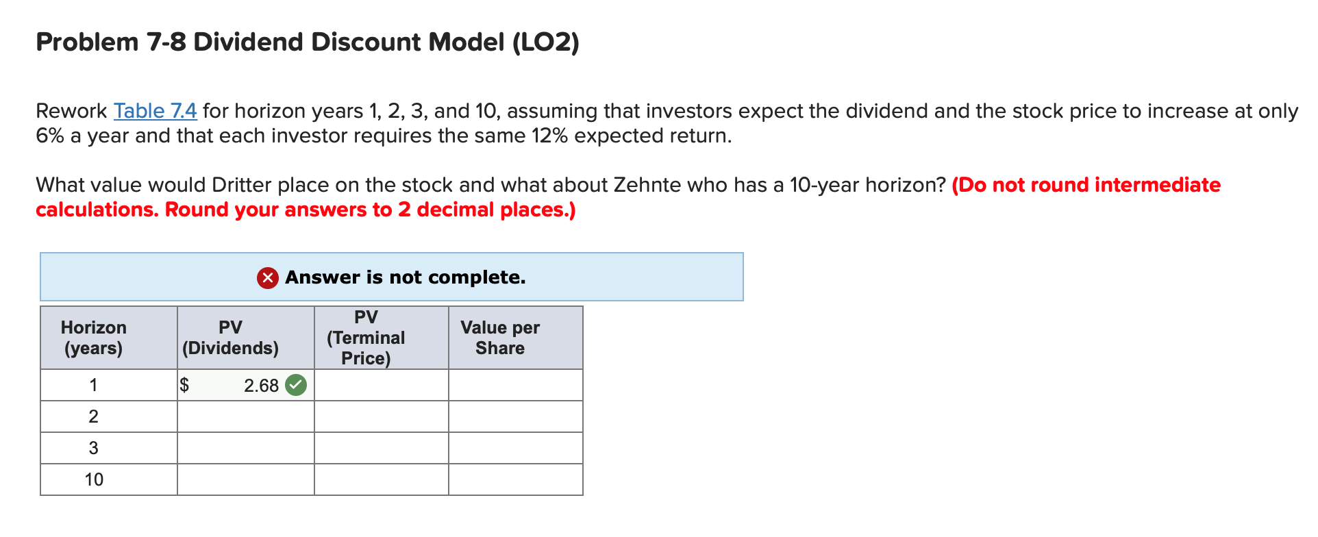Problem 7-8 Dividend Discount Model (LO2) Rework Table 7.4 for horizon