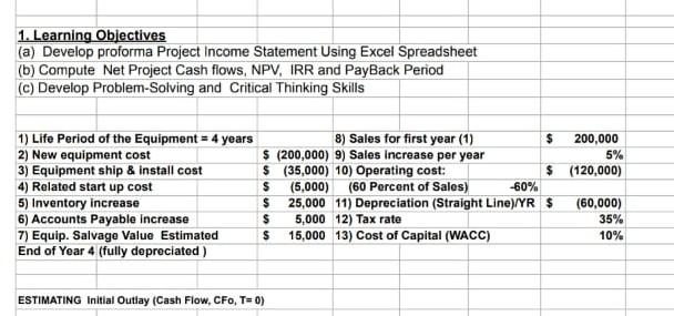  do the part a) develop performa project income statement using excel