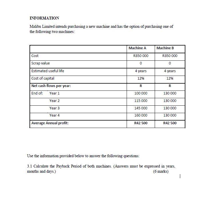 INFORMATION Malibu Limited intends purchasing a new machine and has the