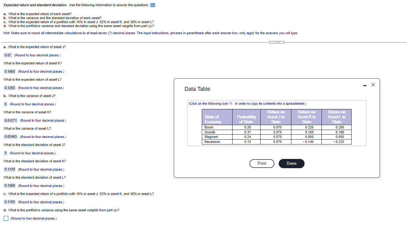  Expected return and standard deviation. Use the following information to answer