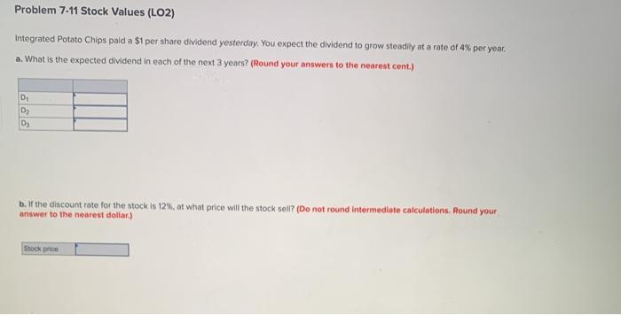  Problem 7-11 Stock Values (LO2) Integrated Potato Chips pald a S1