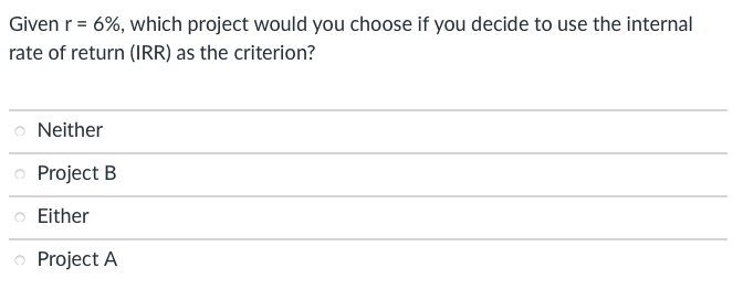 You. Answer the next three questions pertaining to two MUTUALLY EXCLUSIVE projects