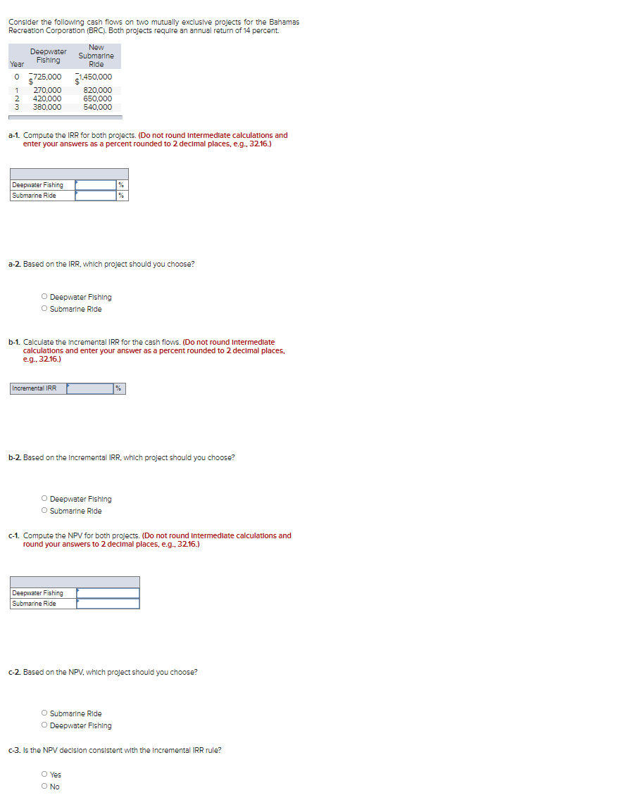 Consider the following cash flows on two mutually exclusive projects for