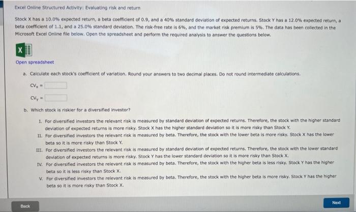  Excel Online Structured Activity: Evaluating risk and return Stock X has