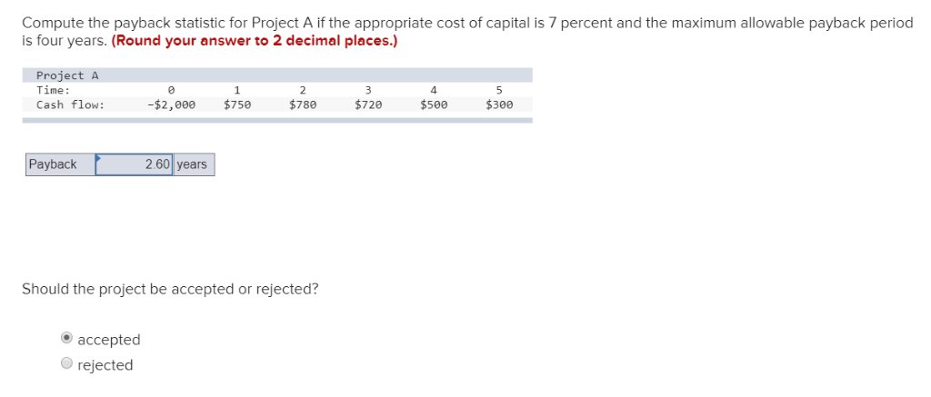 Compute the payback statistic for Project A if the appropriate cost