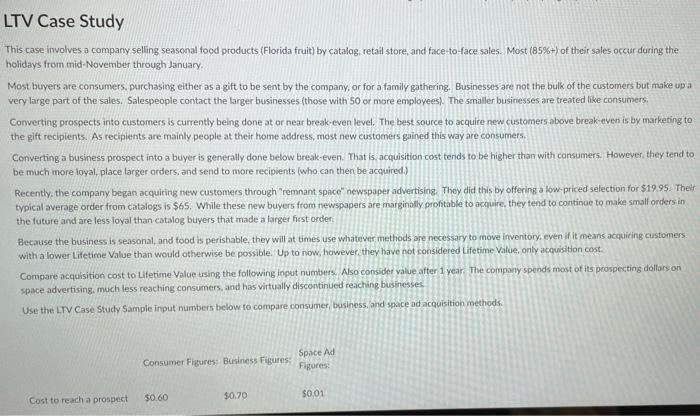 help with 3 marketing questions LTV Case Study This case involves a