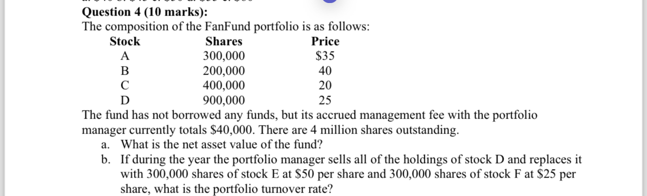  Question 4(10 marks): The composition of the FanFund portfolio is as