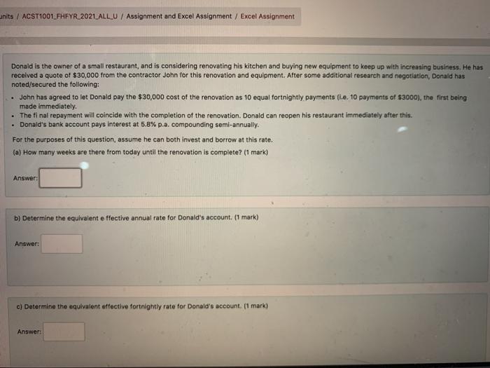  units / ACST1001_FHFYR 2021_ALL_U / Assignment and Excel Assignment / Excel