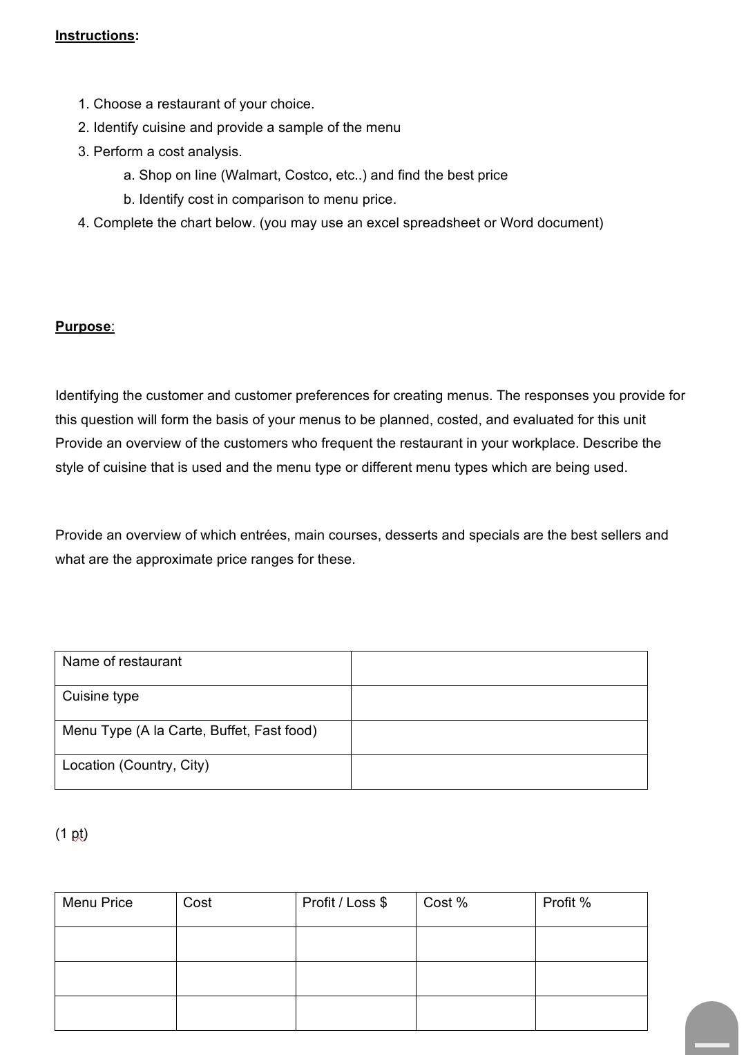  please answer it till midnight Instructions: 1. Choose a restaurant of