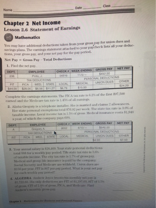  Class _ Date Chapter 2 Net Income Lesson 2.6 Statement of