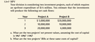 PLEASE COMPLETE IN EXCEL AND SHOW ALL WORK 12-7 NPV Your division