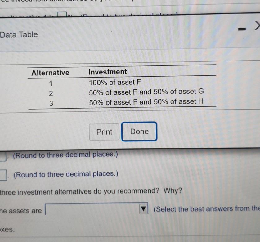 in the first table on three assets-F, G, and H-over the period