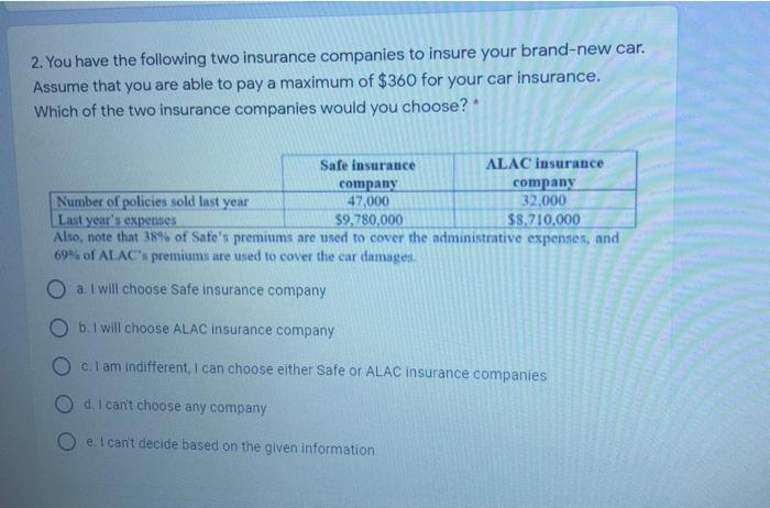 only correct ans please 2. You have the following two insurance companies