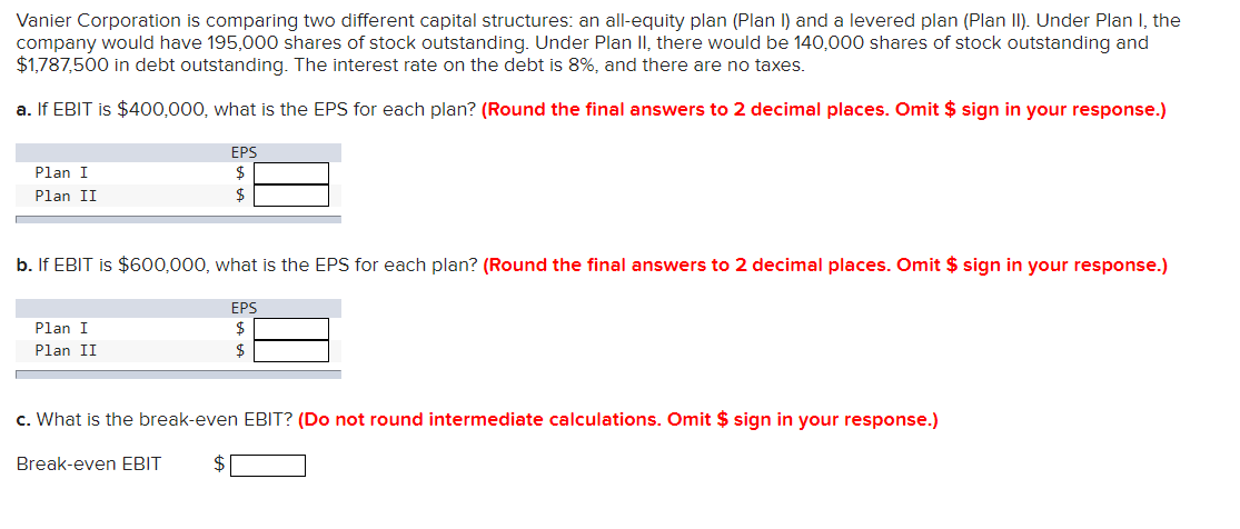 Vanier Corporation is comparing two different capital structures: an all-equity plan
