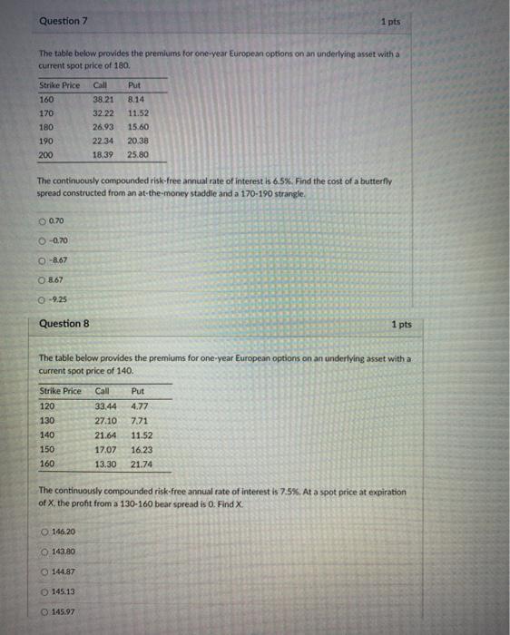  Question 7 1 pts The table below provides the premiums for