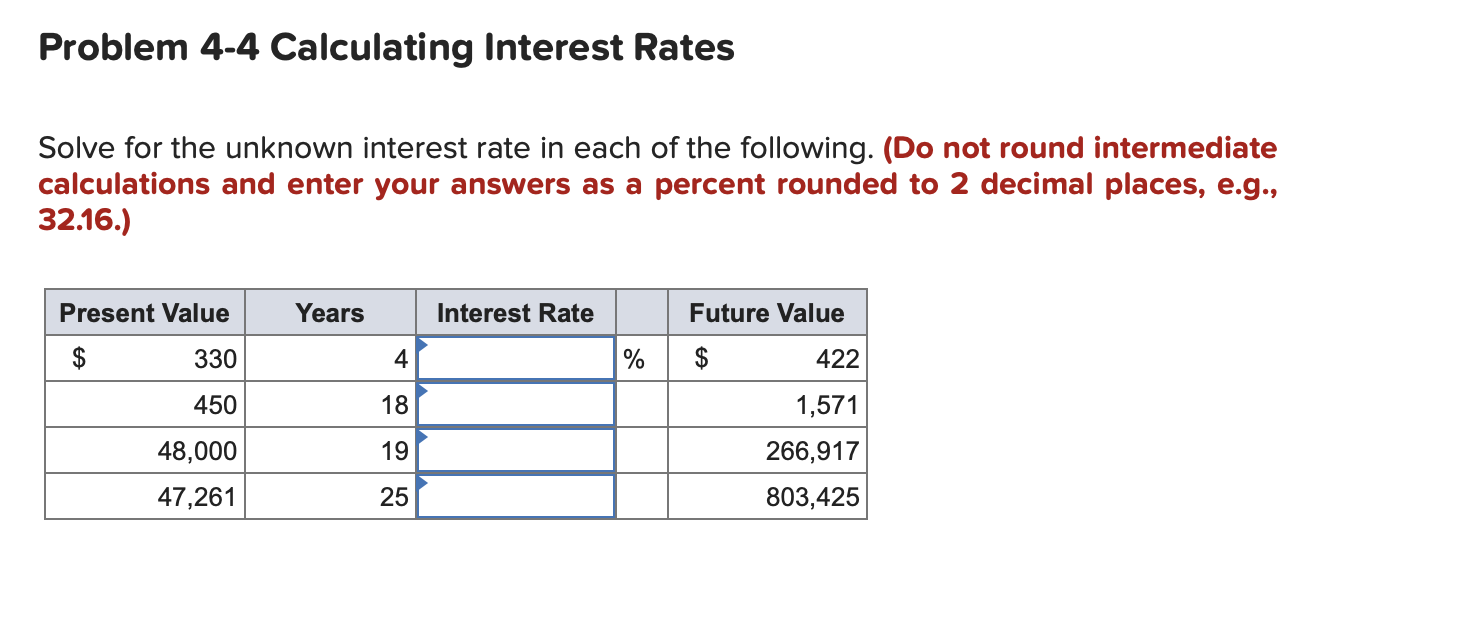  Problem 4-4 Calculating Interest Rates Solve for the unknown interest rate