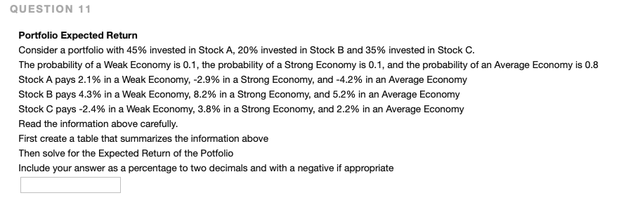 QUESTION 11 Portfolio Expected Return Consider a portfolio with 45% invested