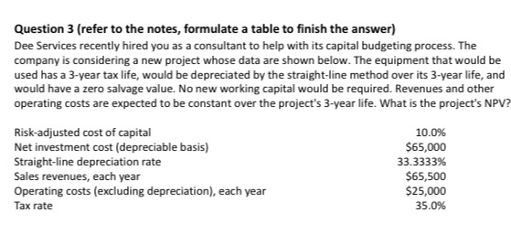  Question 3 (refer to the notes, formulate a table to finish