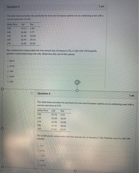  Question 5 1 pts The table below provides the premiums for