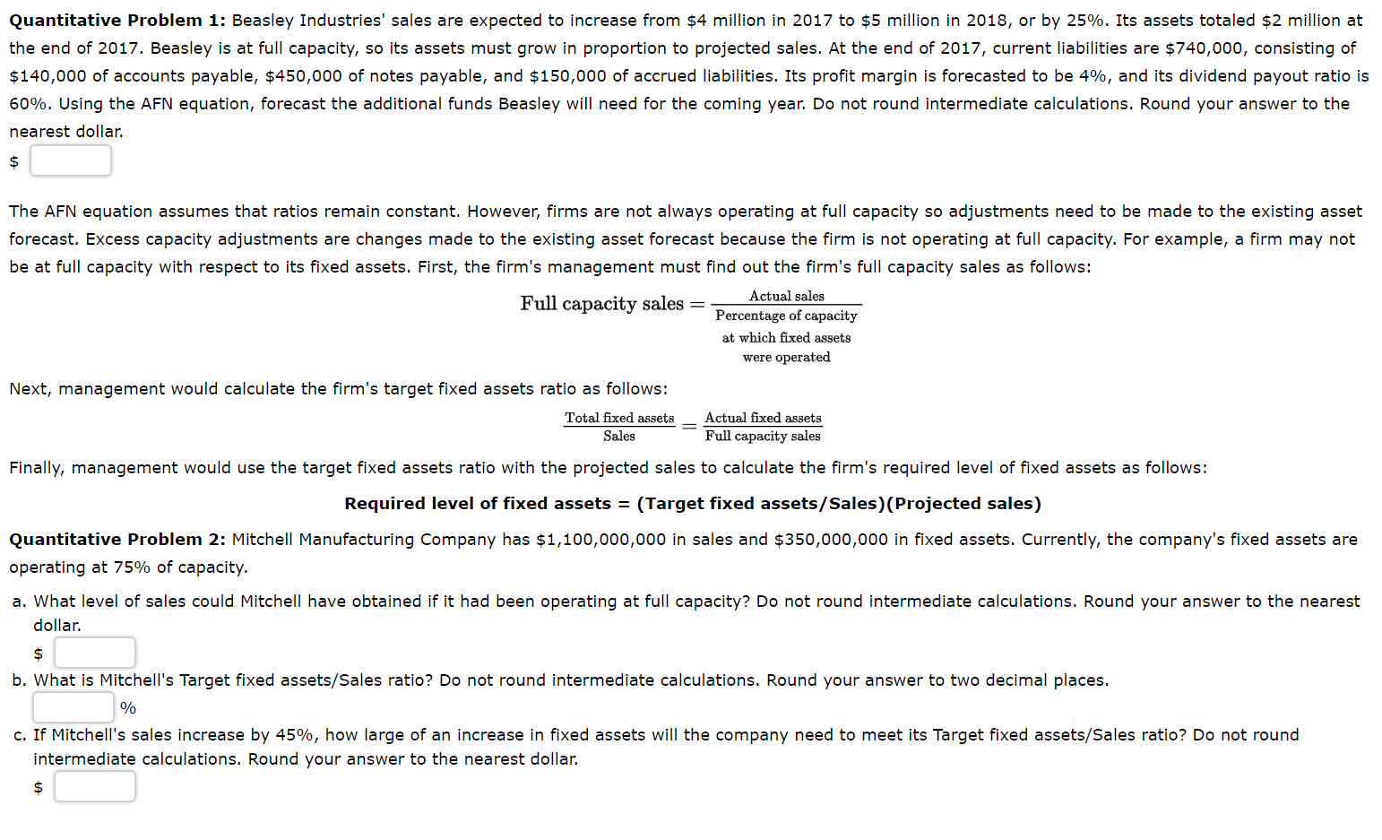  Quantitative Problem 1: Beasley Industries' sales are expected to increase from