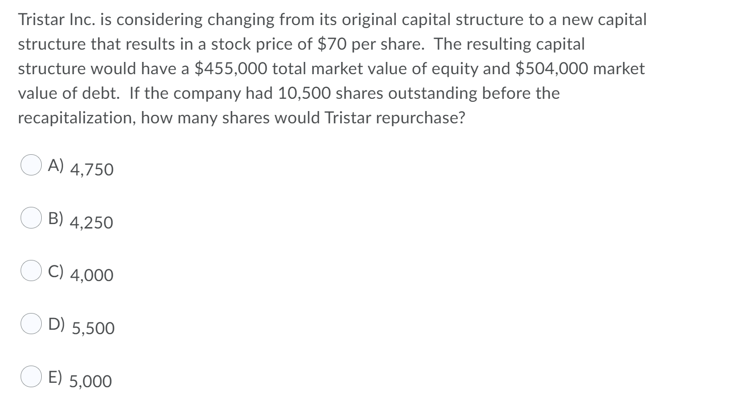 Tristar Inc. is considering changing from its original capital structure to