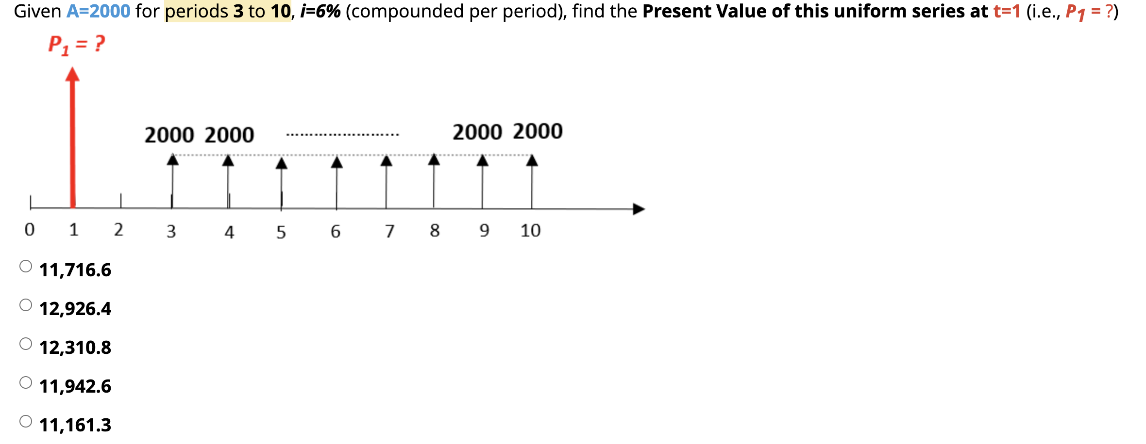 please solve quickly Given A=2000 for periods 3 to 10, i=6% (compounded