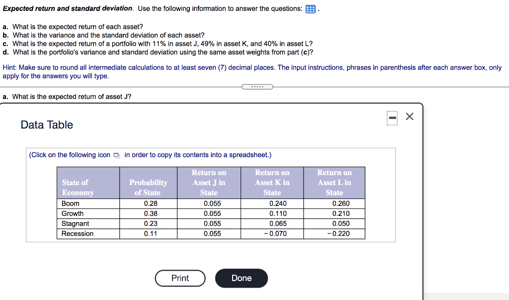  Expected return and standard deviation. Use the following information to answer