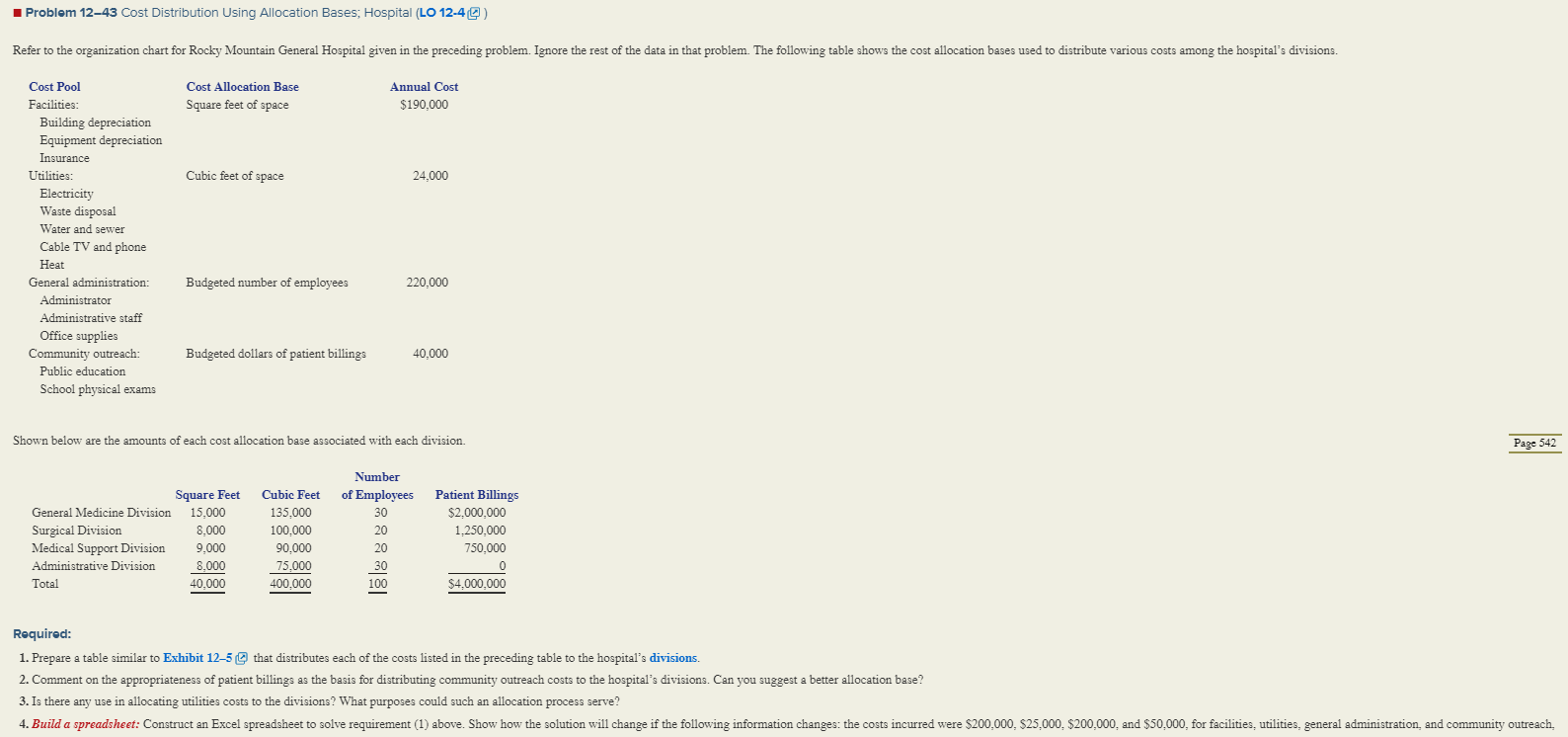  Problem 12-43 Cost Distribution Using Allocation Bases; Hospital (LO 12-40) Refer