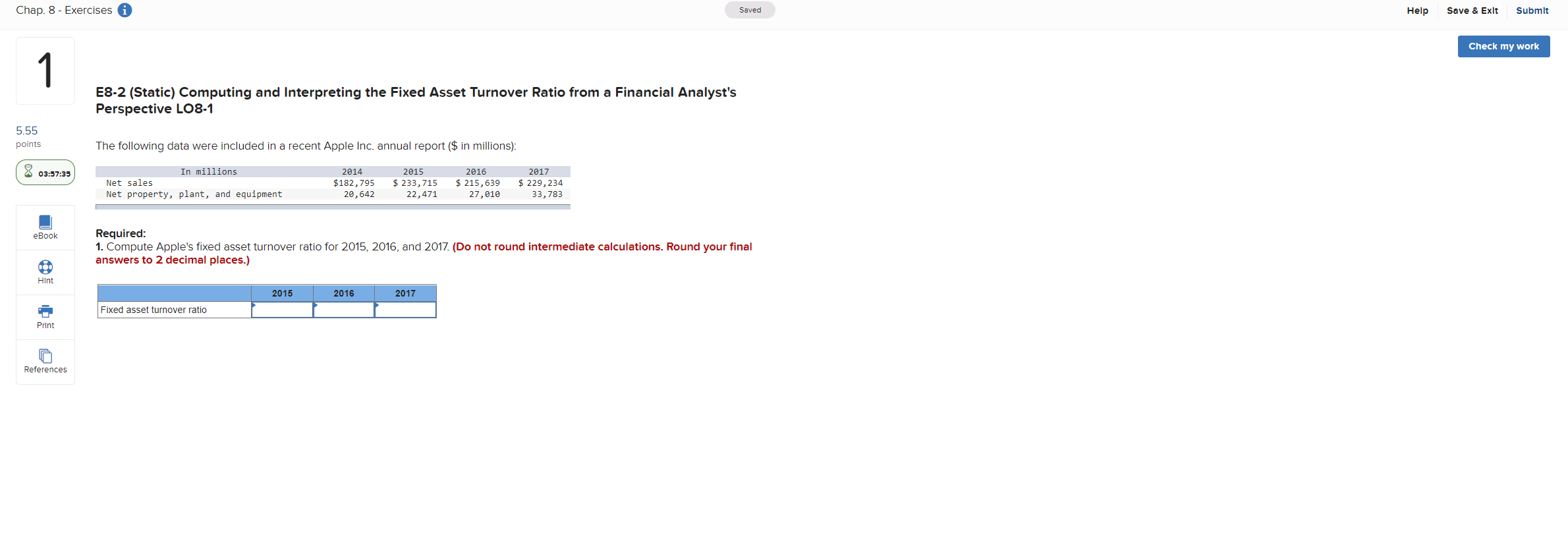 Chap. 8 - Exercises Saved Help Save & Exit Submit Check