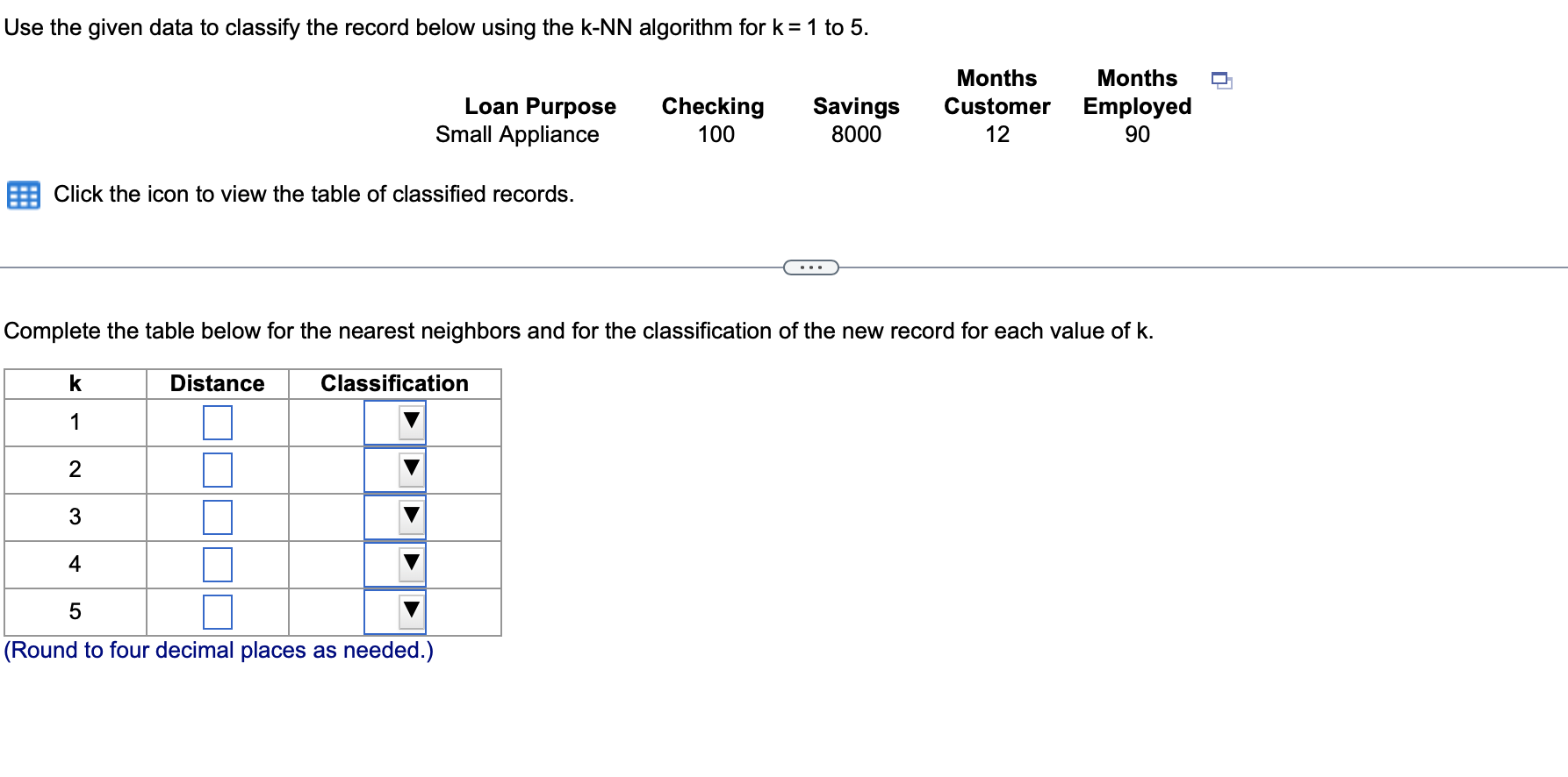  Use the given data to classify the record below using the