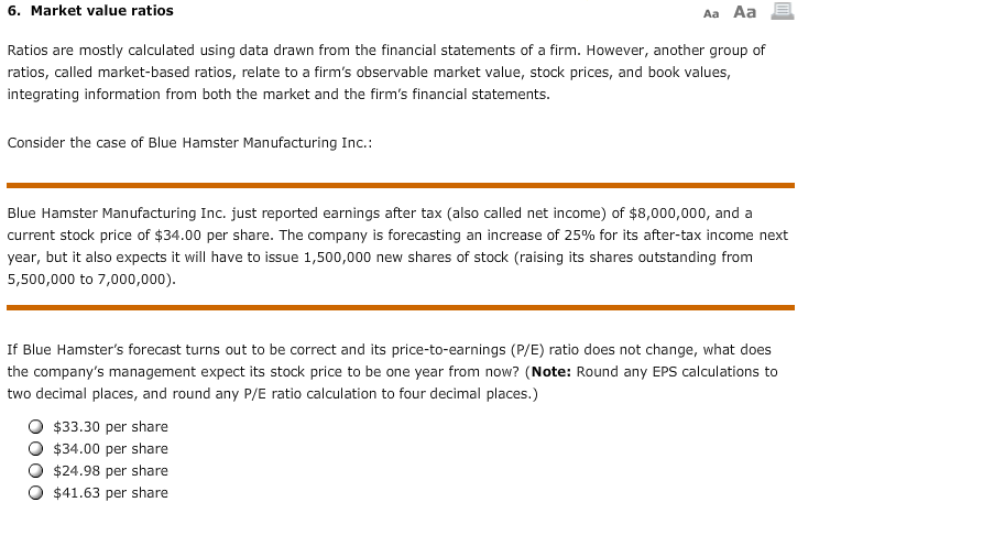 6. Market value ratios Aa Aa E Ratios are mostly calculated