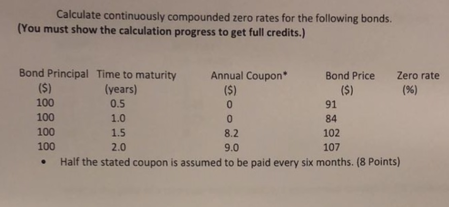 Please show work Calculate continuously compounded zero rates for the following bonds.