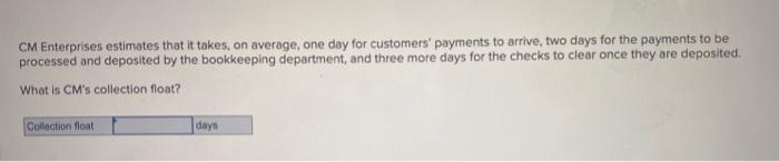  CM Enterprises estimates that it takes, on average, one day for