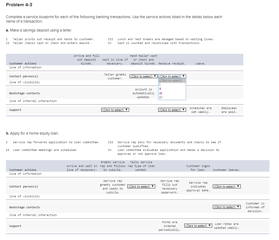 Options I II III IV Problem 4-3 Complete a service blueprint for