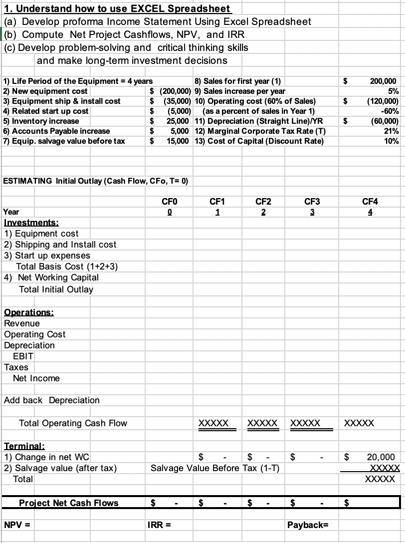  1. Understand how to use EXCEL Spreadsheet (a) Develop proforma Income