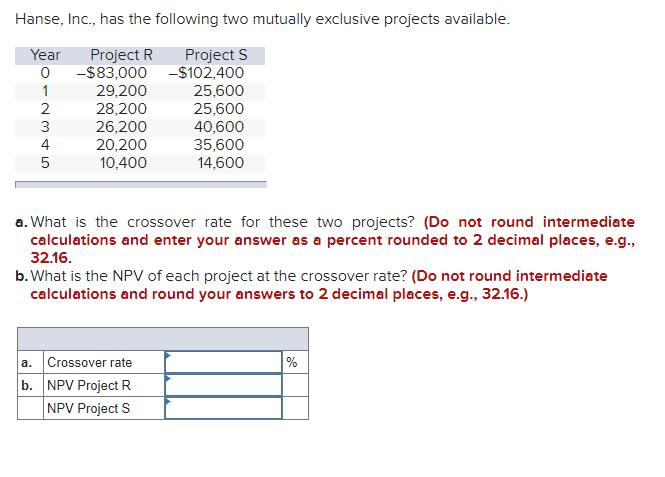  Hanse, Inc., has the following two mutually exclusive projects available. a.