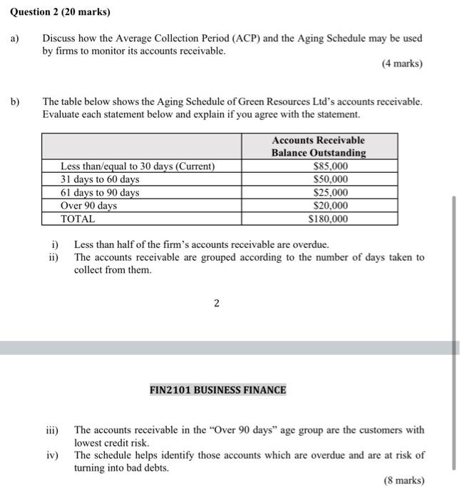  Question 2 (20 marks) a) b) Discuss how the Average Collection