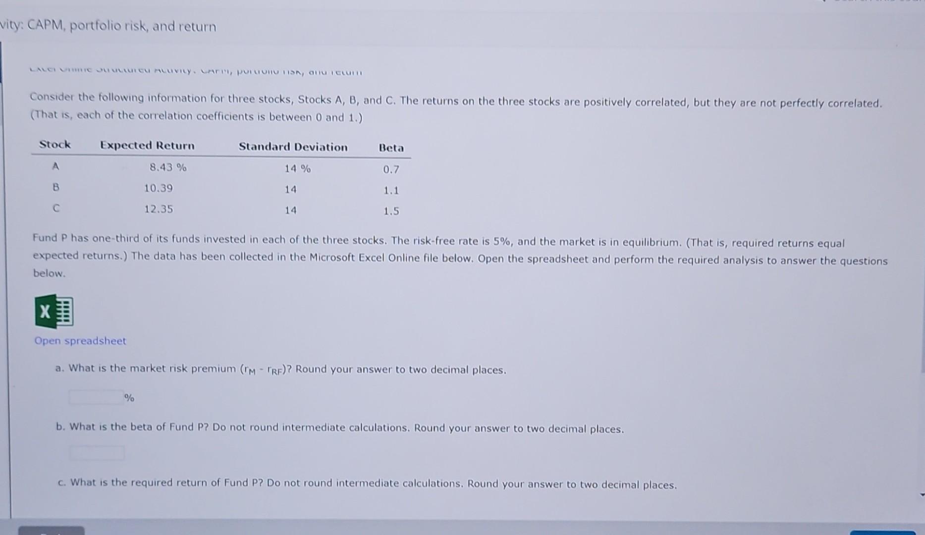 Please help CAPM, portfolio risk, and return Consider the following information