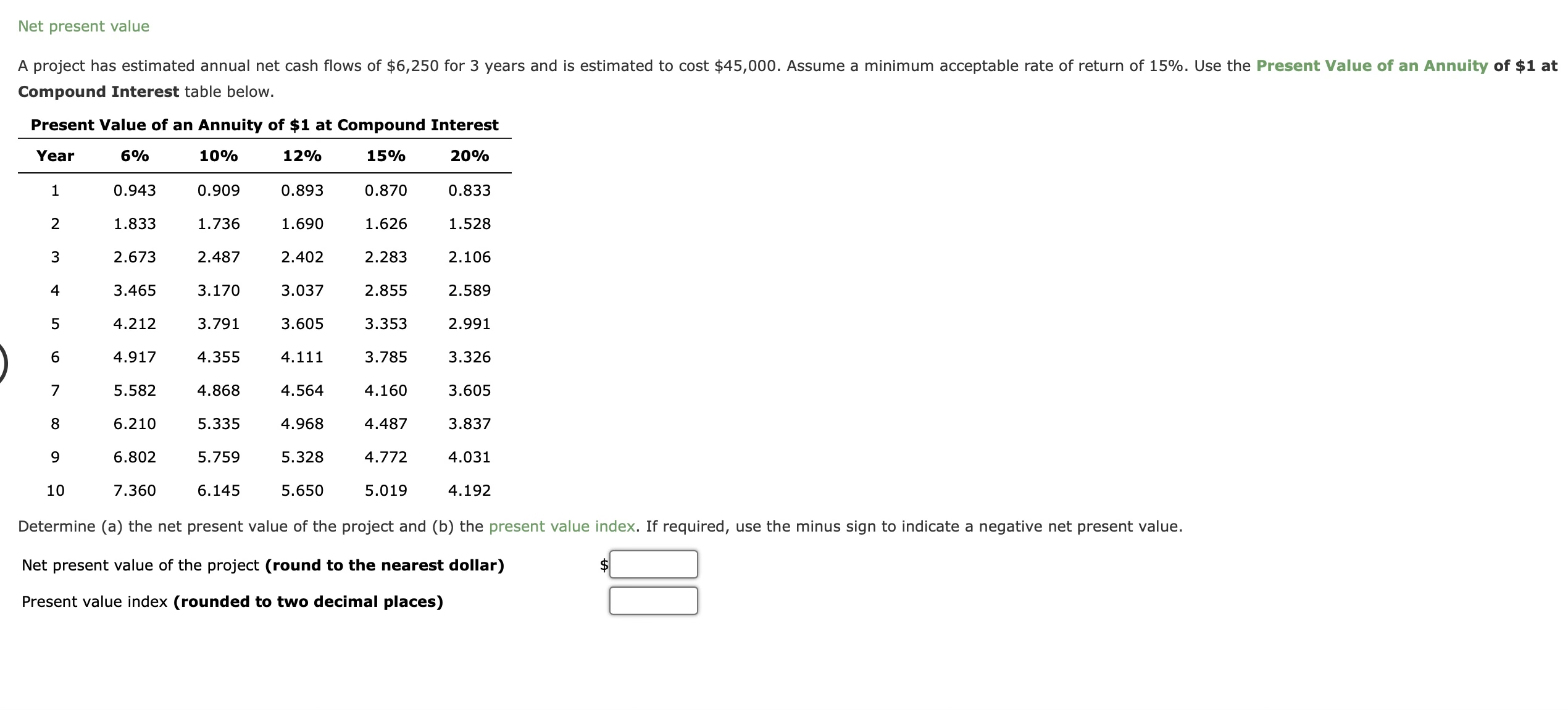  Net present value A project has estimated annual net cash flows