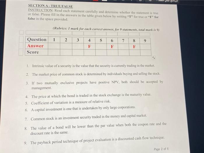  SECTION A - TRUE FALSE INSTRUCTION: Read each statement carefully and