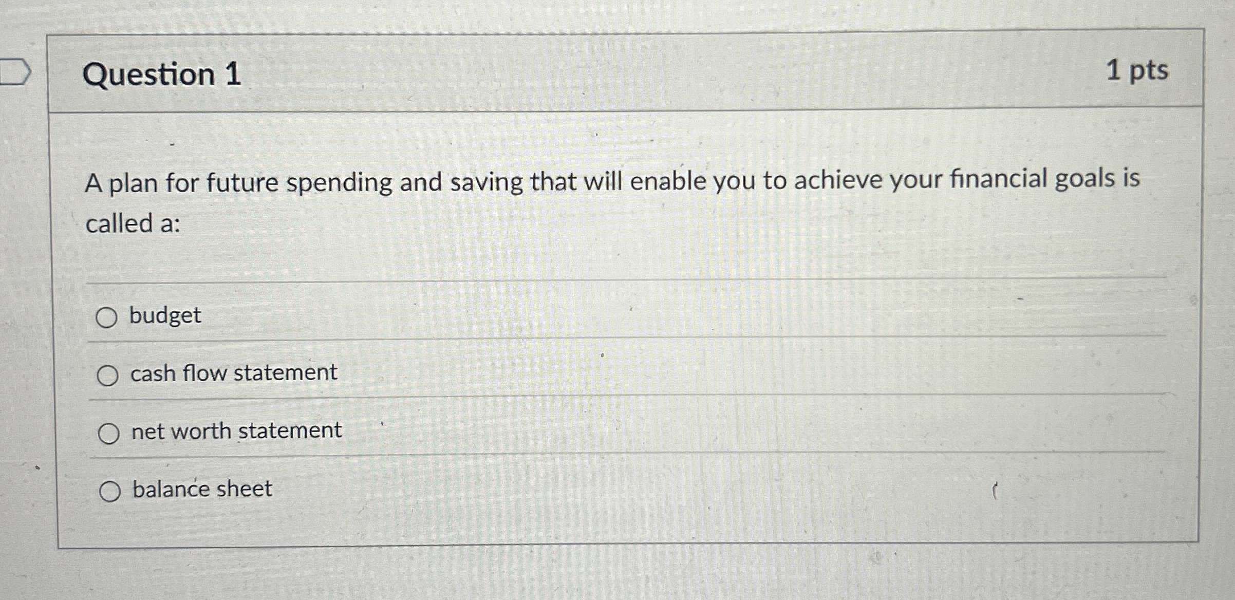  Question 1 A plan for future spending and saving that will