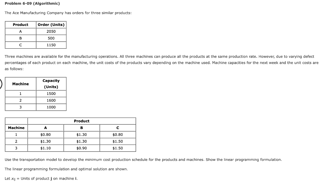 Problem 6-09 (Algorithmic) The Ace Manufacturing Company has orders for three similar