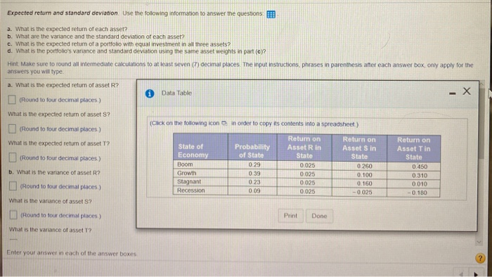  Expected return and standard deviation. Use the following information to answer