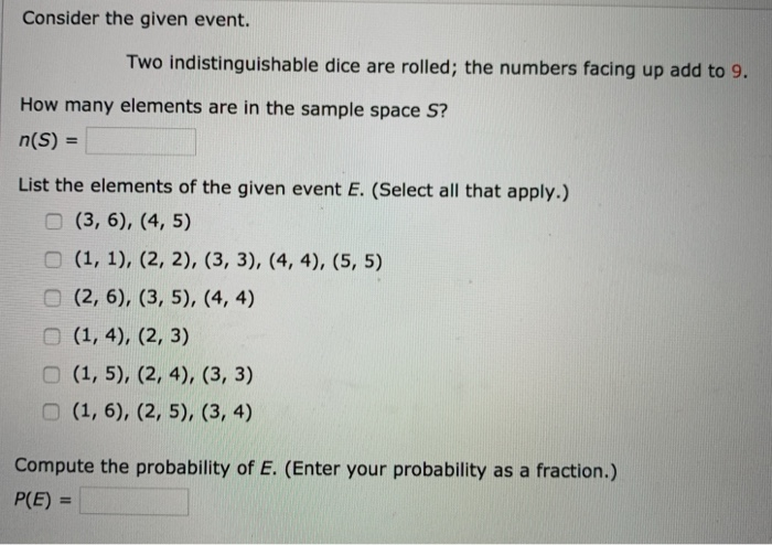  Consider the given event. Two indistinguishable dice are rolled; the numbers