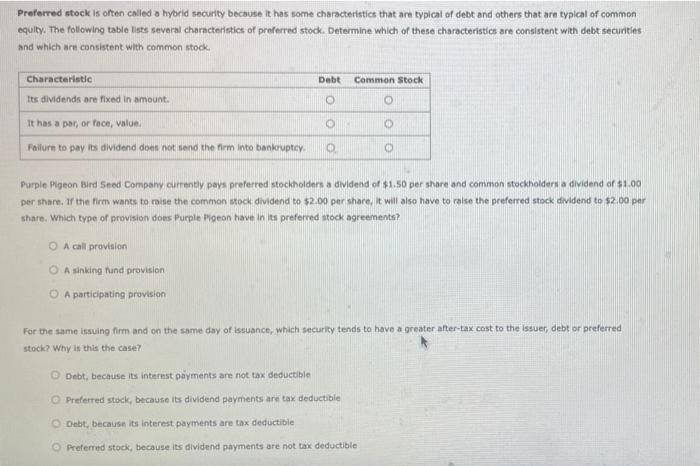  Preferred stock is often called a hybrid security because it has