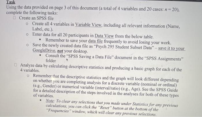  Task Using the data provided on page 3 of this document